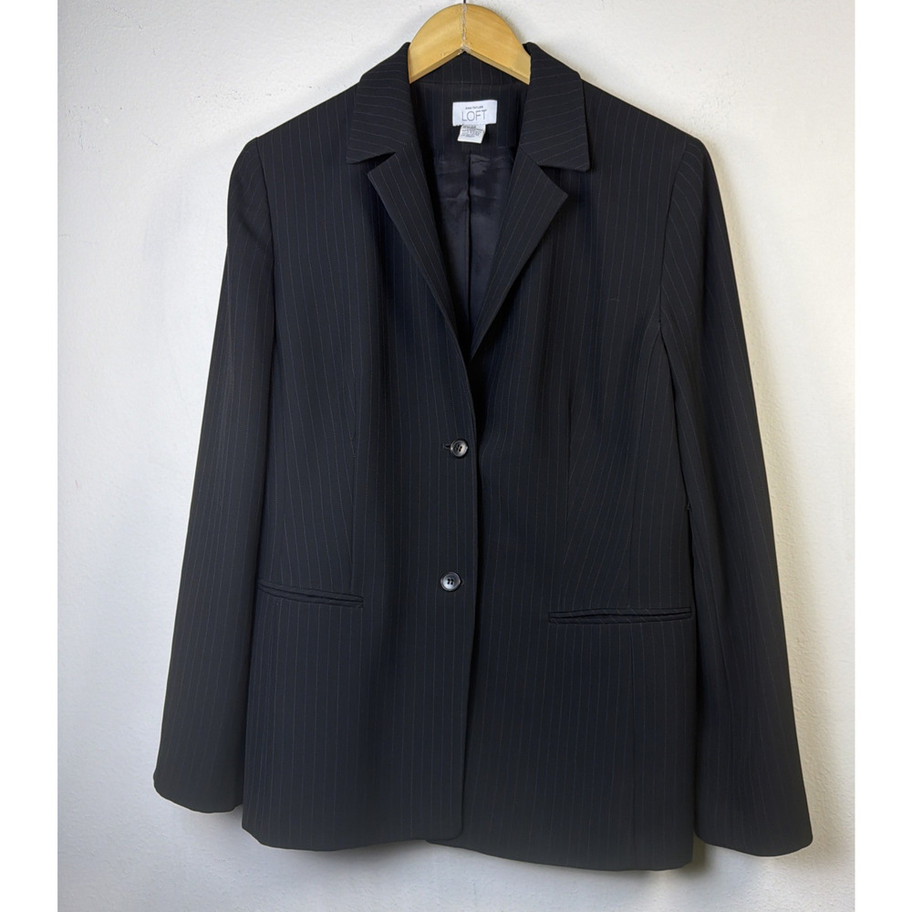 Loft Black Pinstripe Blazer womens 14 ann taylor career business classic